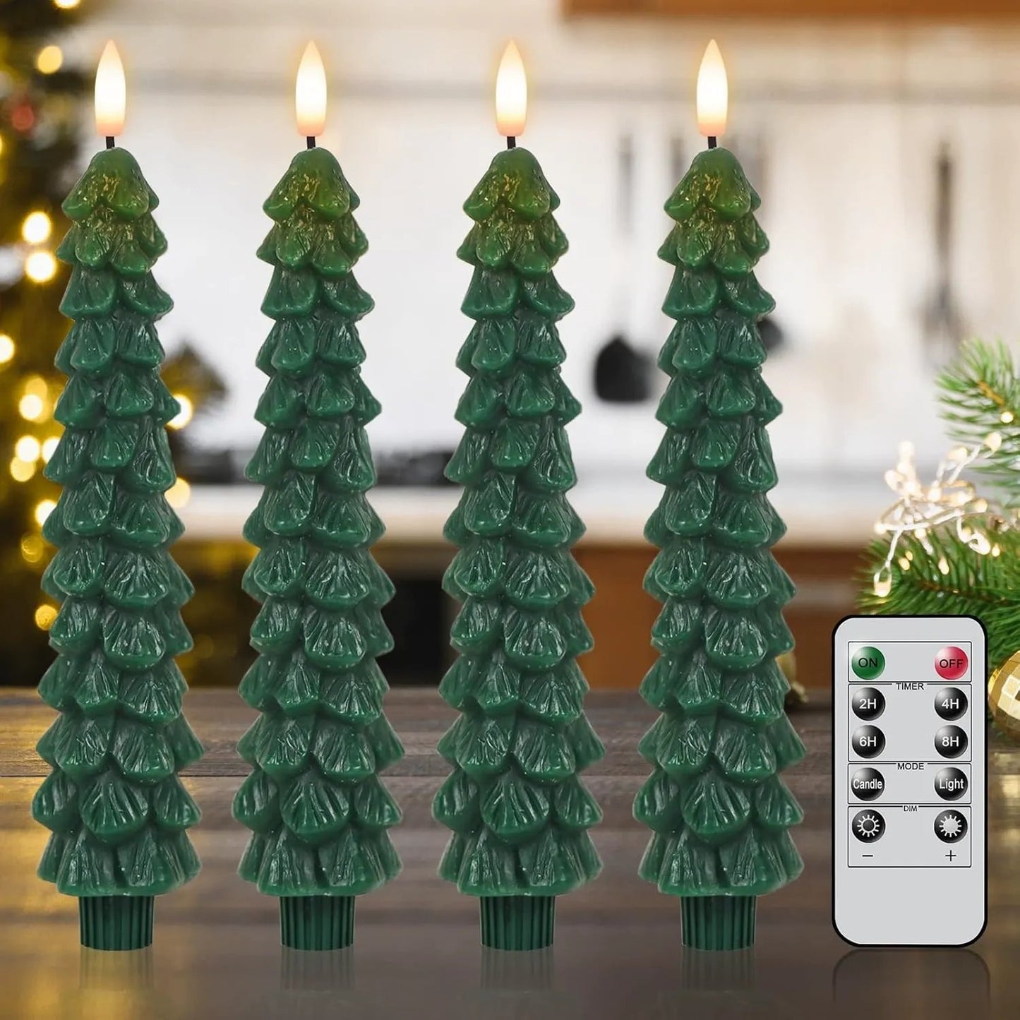 🎄 Christmas Tree Flameless Taper Candles– 4 Pcs Set ✨