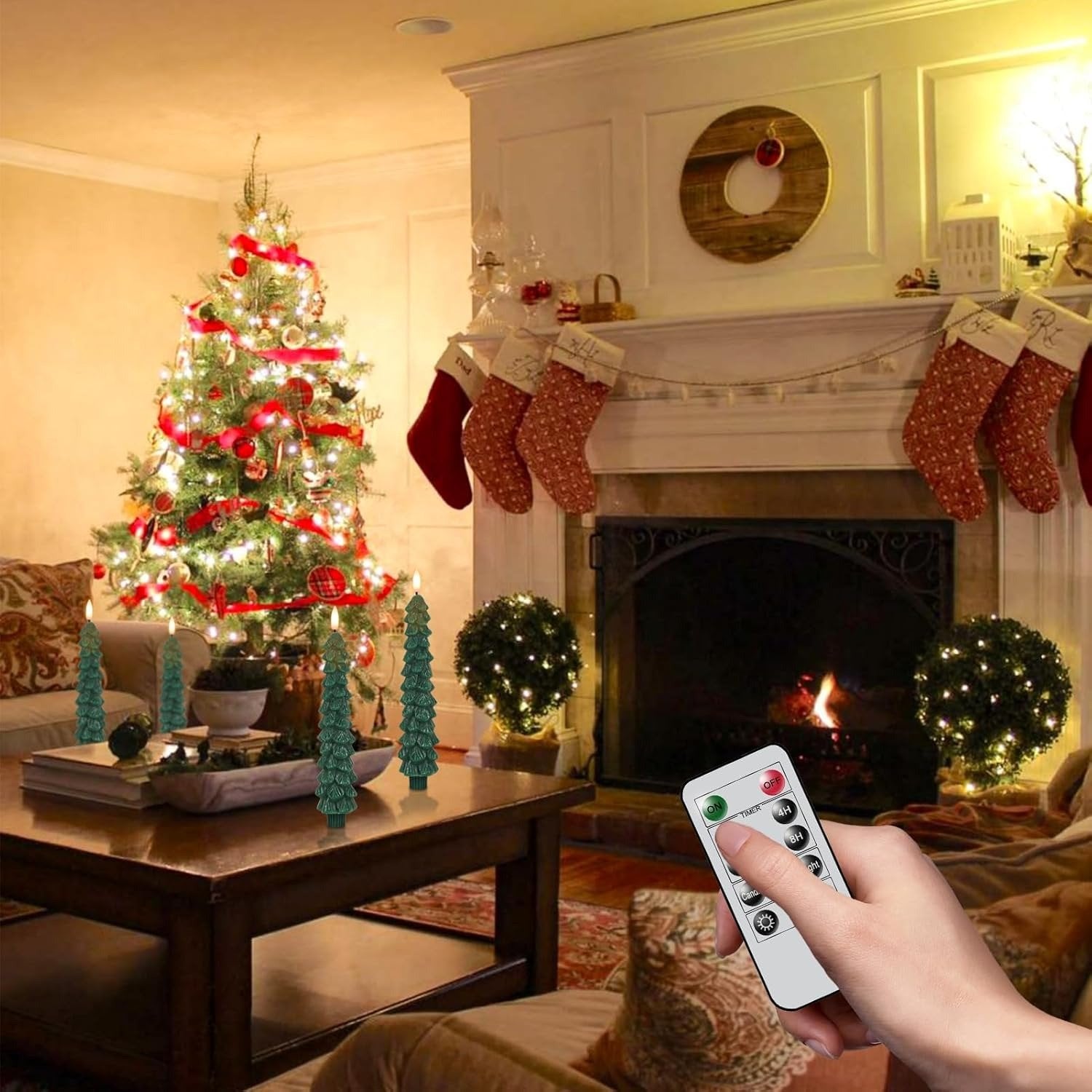 🎄 Christmas Tree Flameless Taper Candles– 4 Pcs Set ✨