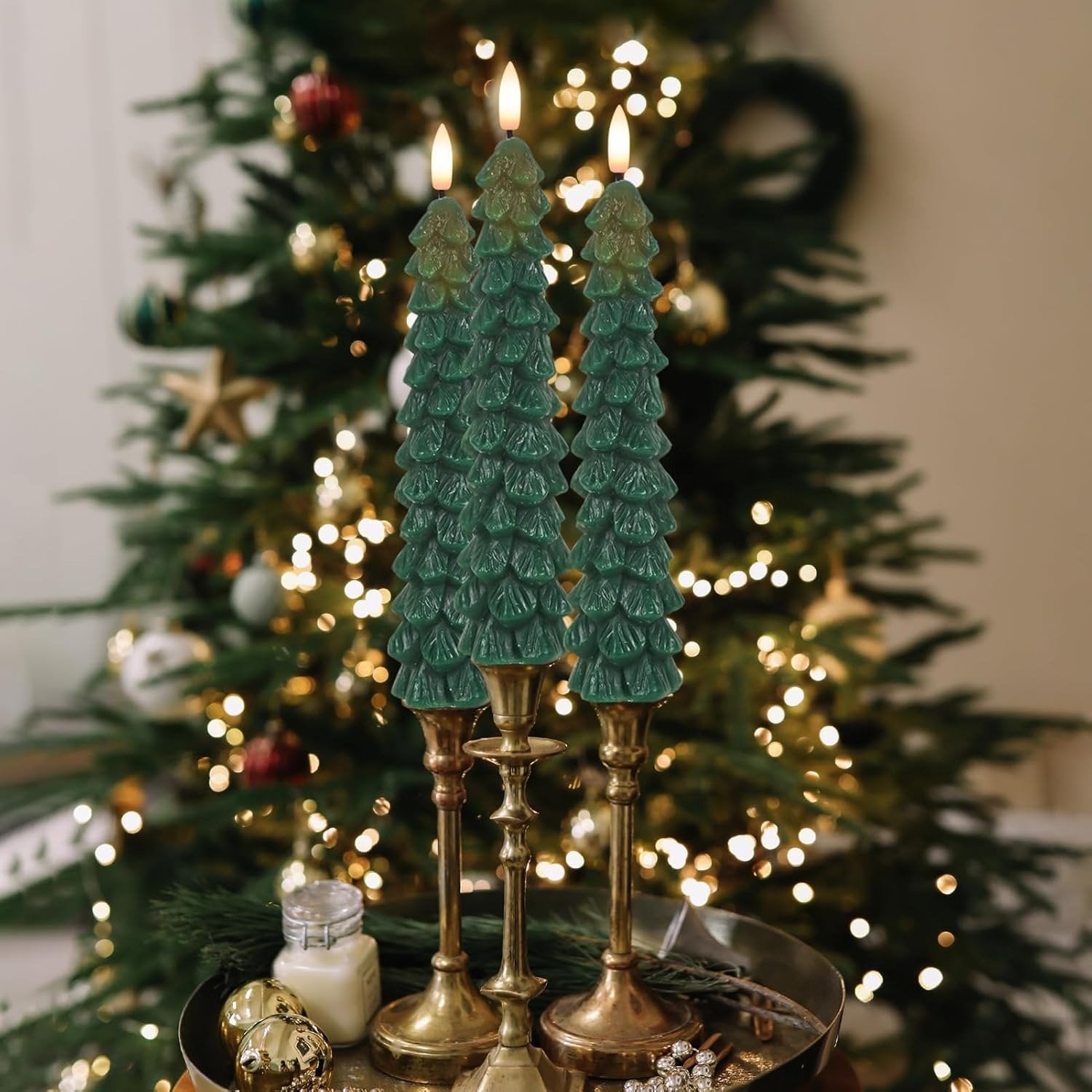 🎄 Christmas Tree Flameless Taper Candles– 4 Pcs Set ✨