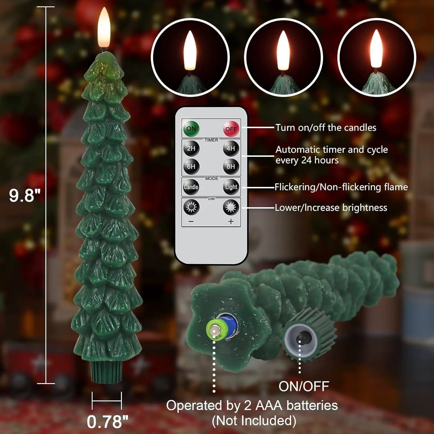 🎄 Christmas Tree Flameless Taper Candles– 4 Pcs Set ✨
